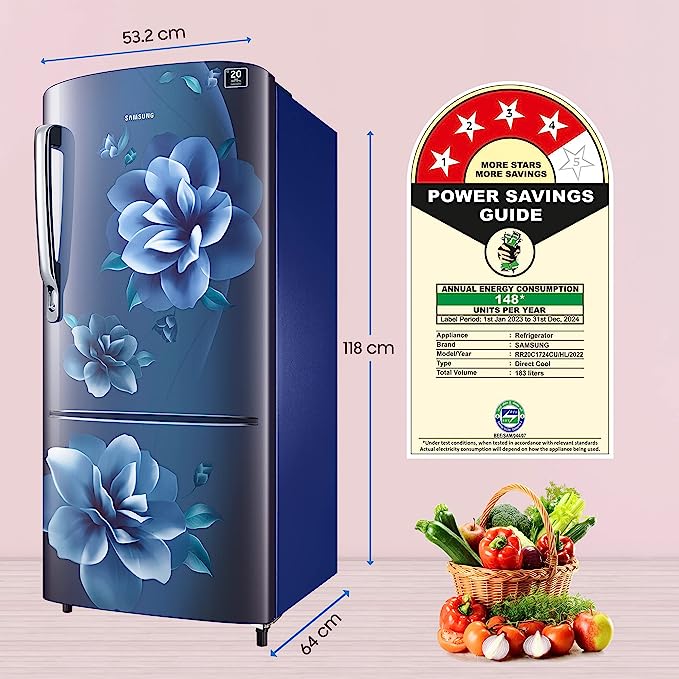 Samsung 183 L 4 Star Digital Inverter Direct Cool Single Door Refrigerator (RR20C1724CU/HL, Camellia Blue 2023 Model) Samsung 183 L 4 Star Digital Inverter Direct Cool Single Door Refrigerator (RR20C1724CU/HL, Camellia Blue 2023 Model)